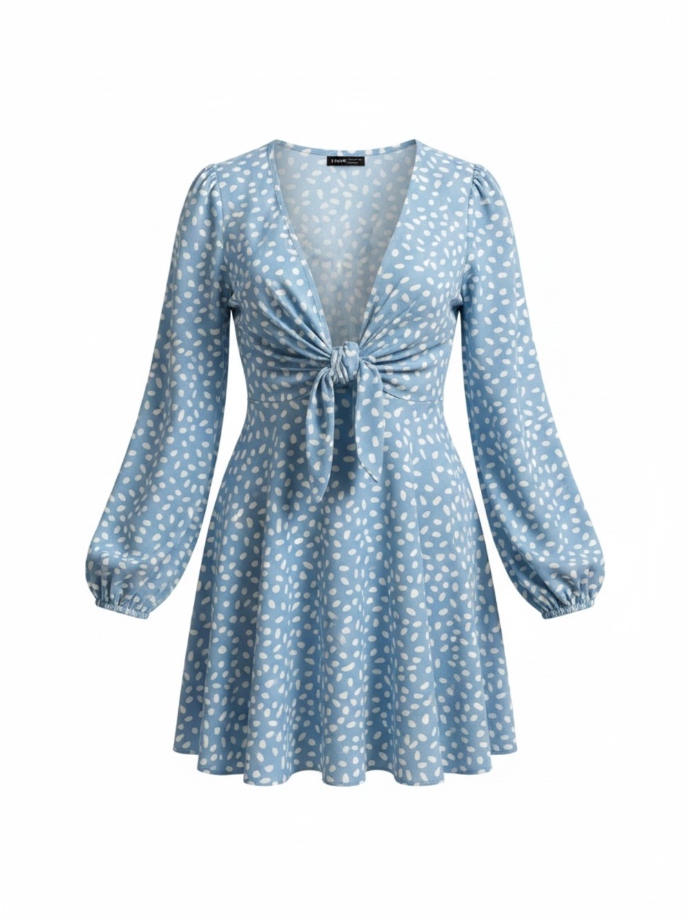 SHEIN Light Blue Tie-Front V-Neck Mini Dress with White Spot Print